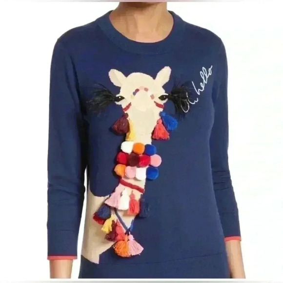 Kate Spade OH Hello Camel Sweater Cashmere Cotton M Embellished Pom Pom Crewneck - Picture 5 of 8
